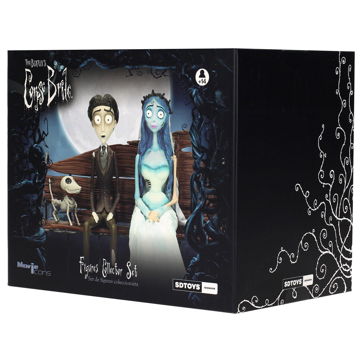 Detalle rostros Victor y Emily - Corpse Bride diorama con banco de madera y estructura metálica