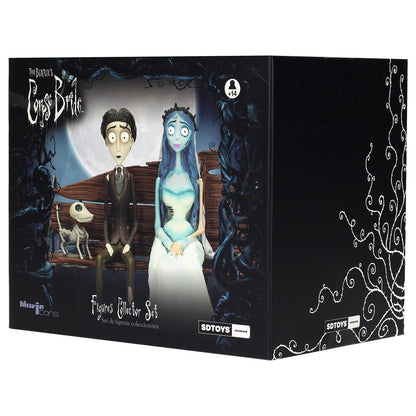 Detalle rostros Victor y Emily - Corpse Bride diorama con banco de madera y estructura metálica