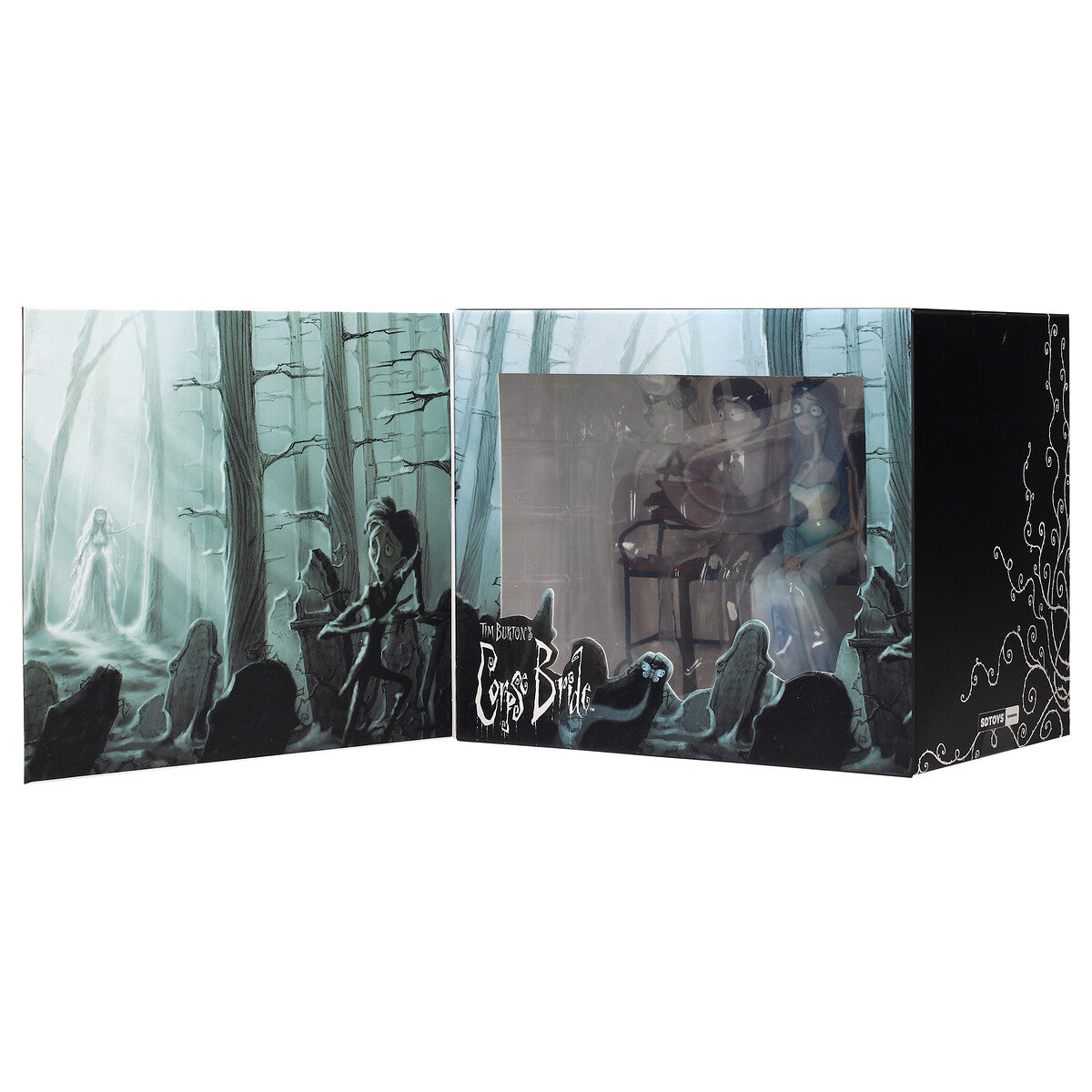 Vista lateral diorama Victor Emily y Scraps en banco - Corpse Bride Movie Icons