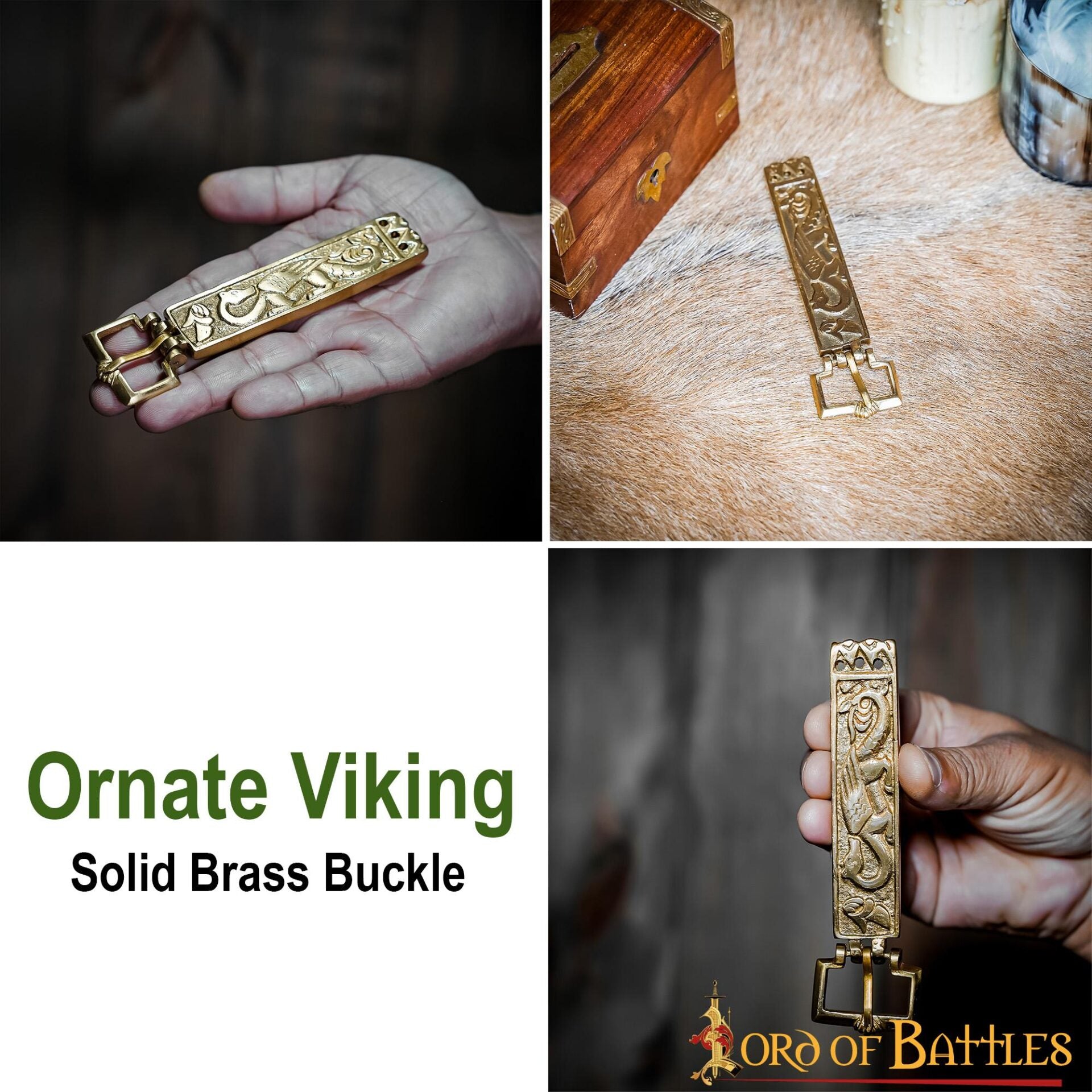 Hebilla de Cinturón Vikinga de Latón Macizo con Forma de Dragón - Diseño Nórdico Grabado - Imagen 11