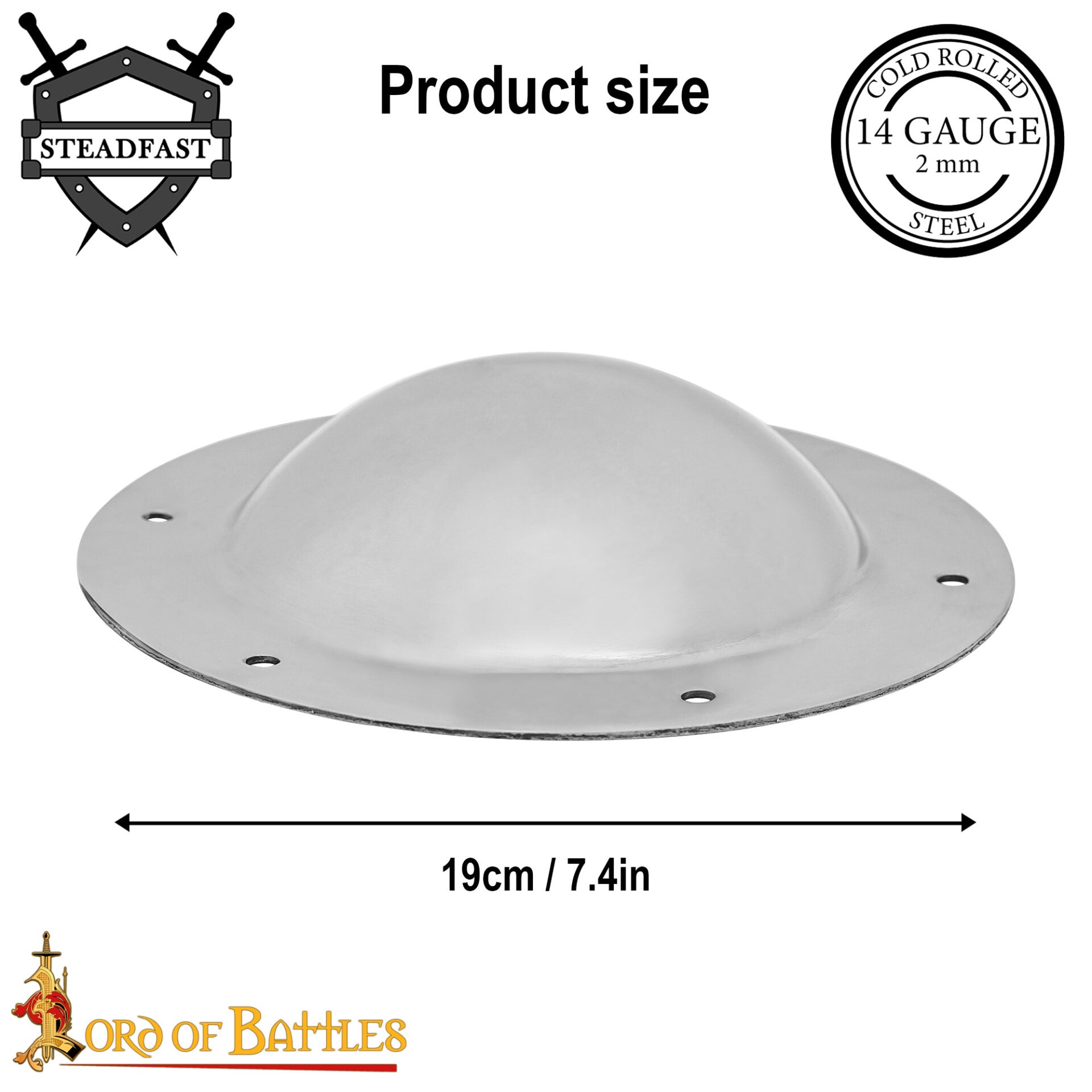 Escudo de Acero Pulido Medio Jefe Umbo - 14 Calibre Centro de Cúpula Hecha a Mano con Remaches - Imagen 3