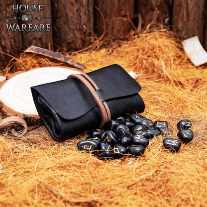 Juego de Piedras Rúnicas Vikingas con Estuche de Cuero Negro - Adivinación y Estrategia Nórdica - Imagen 1