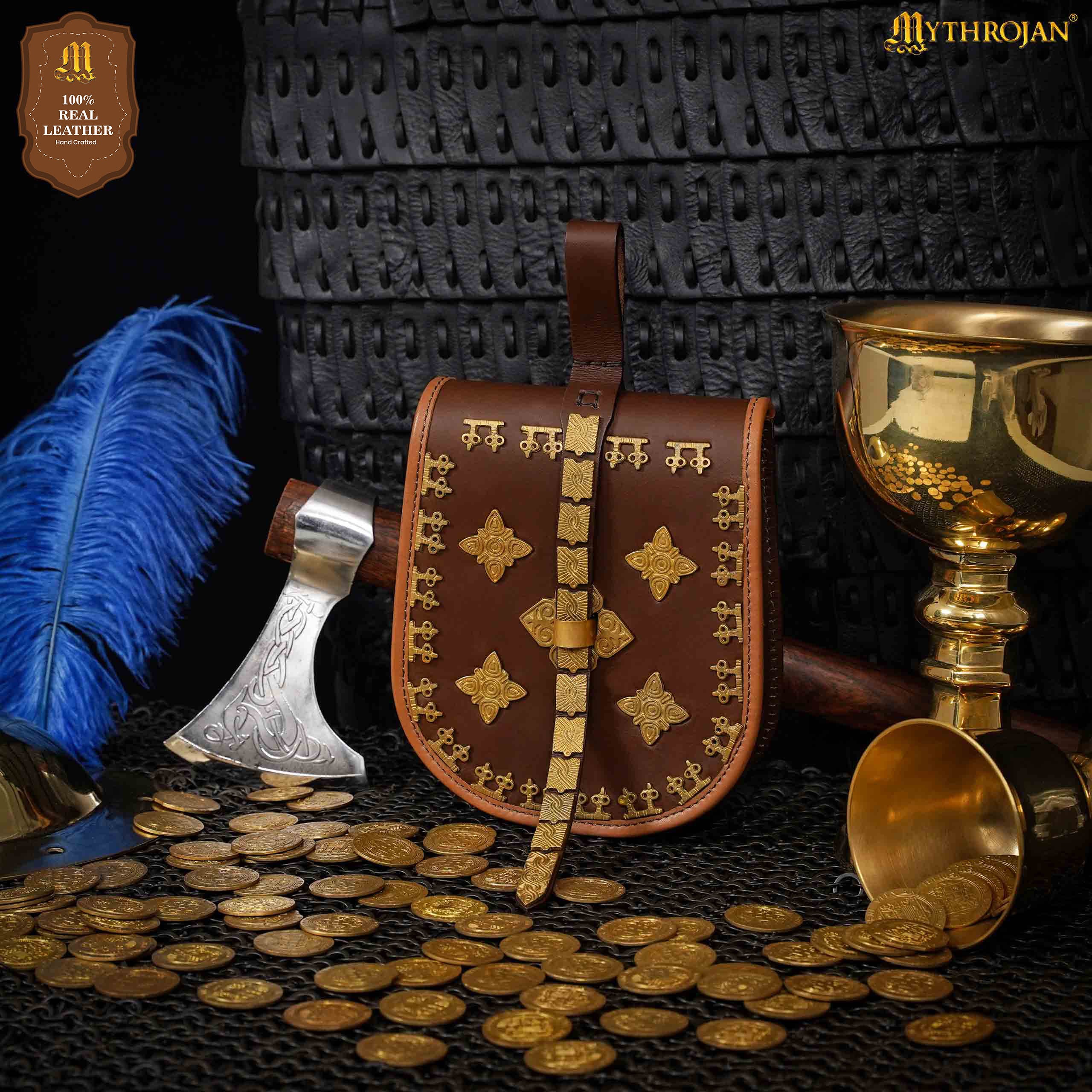 Mythrojan Birka Bolsa de Cuero Vikingo Tarsoly - Bolsa para Cinturón Auténtica Hecha a Mano Basada en Originales Históricos - Accesorio Nórdico de Cuero Auténtico - Imagen 1
