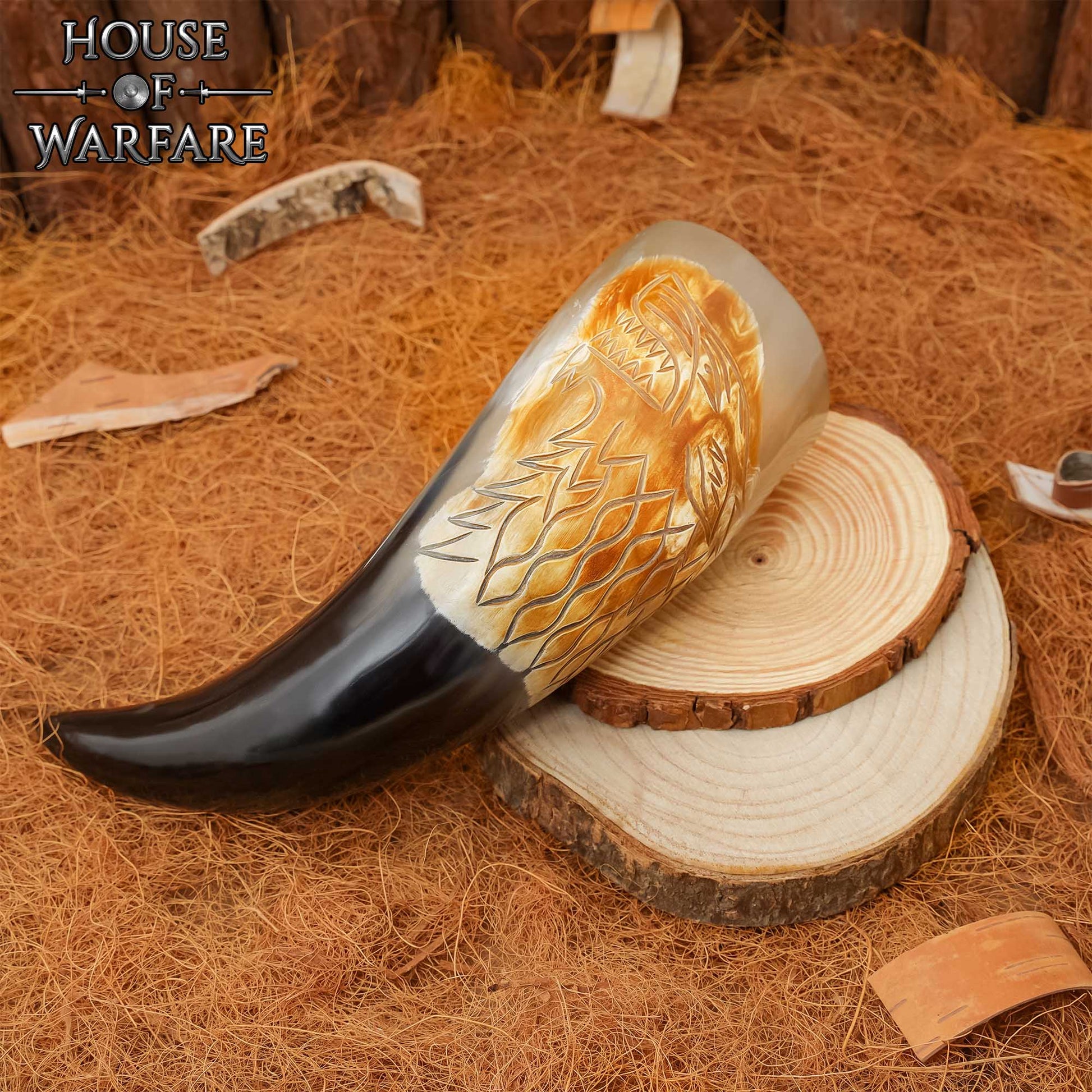 Cuerno para Beber Vikingo Auténtico Fenrir Wolf - Cuerno de Buey Pulido Grabado a Mano - Inspiración Nórdica - Imagen 2