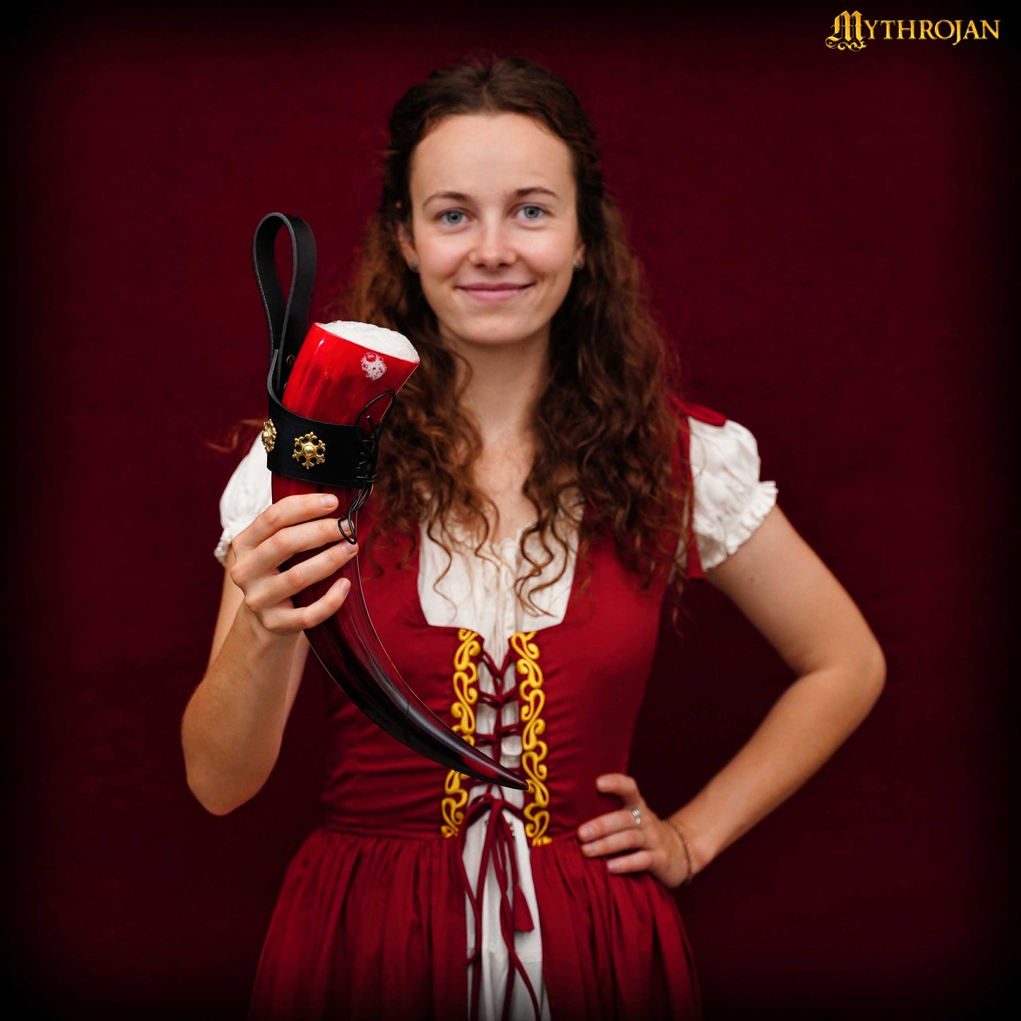 Taza Medieval para Beber Hidromiel 400ml Rojo Vikingo Cuerno de Buey con Soporte de Cuero Negro Pulido - Imagen 2