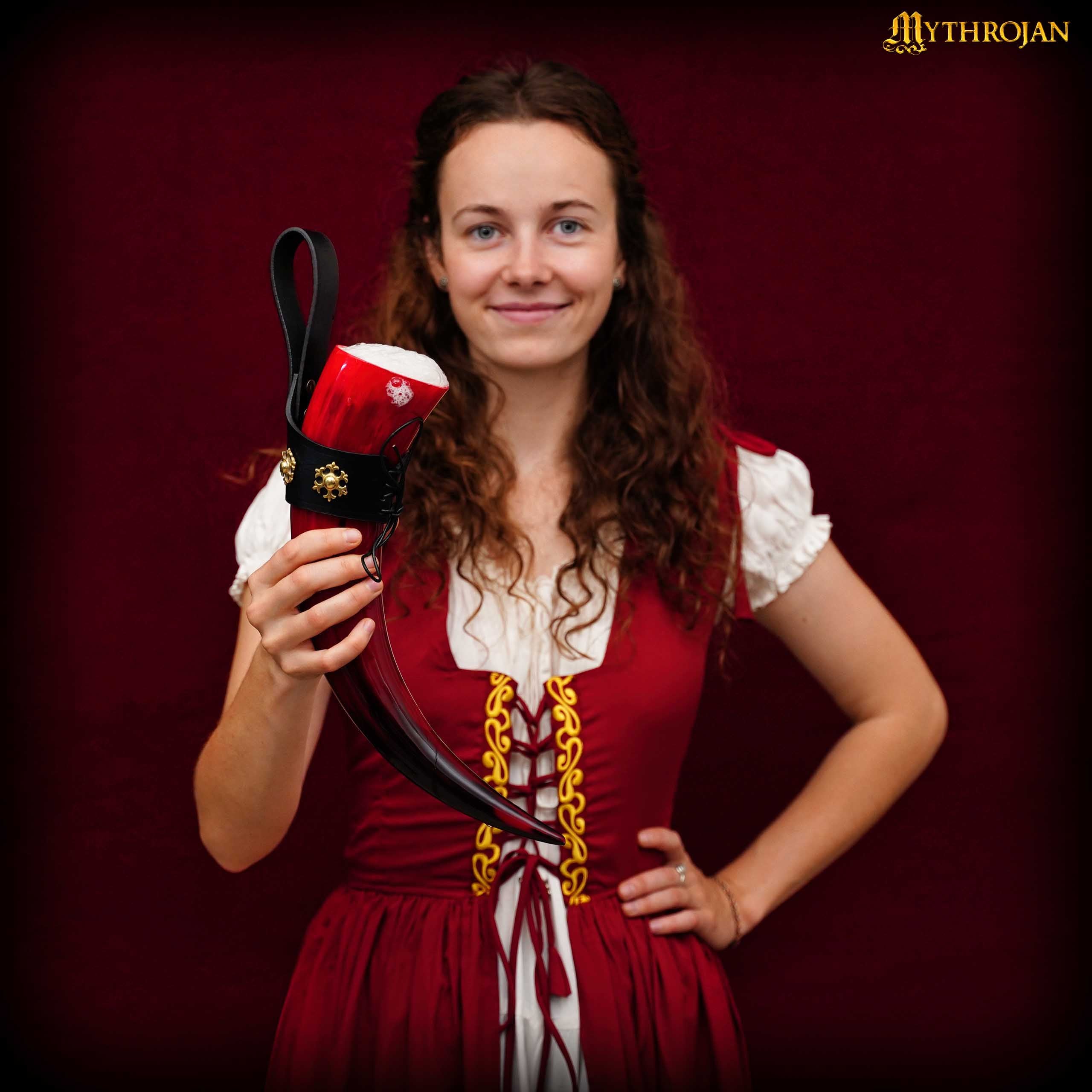 Taza Medieval para Beber Hidromiel 400ml Rojo Vikingo Cuerno de Buey con Soporte de Cuero Negro Pulido - Imagen 2