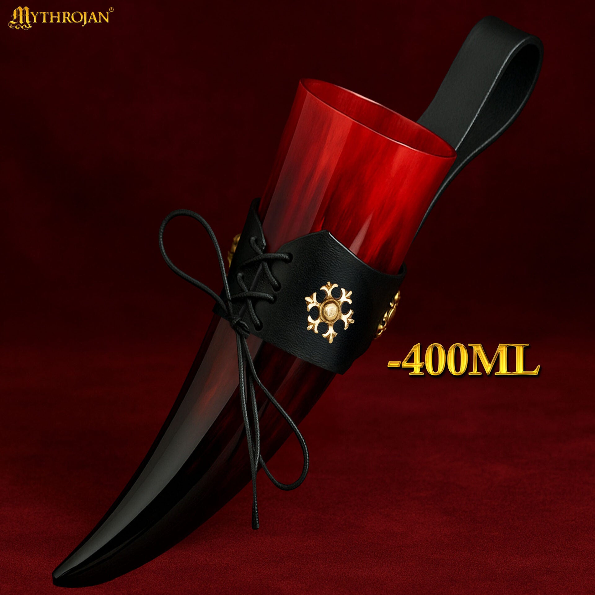 Taza Medieval para Beber Hidromiel 400ml Rojo Vikingo Cuerno de Buey con Soporte de Cuero Negro Pulido - Imagen 3