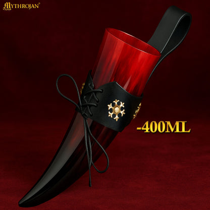 Taza Medieval para Beber Hidromiel 400ml Rojo Vikingo Cuerno de Buey con Soporte de Cuero Negro Pulido - Imagen 3