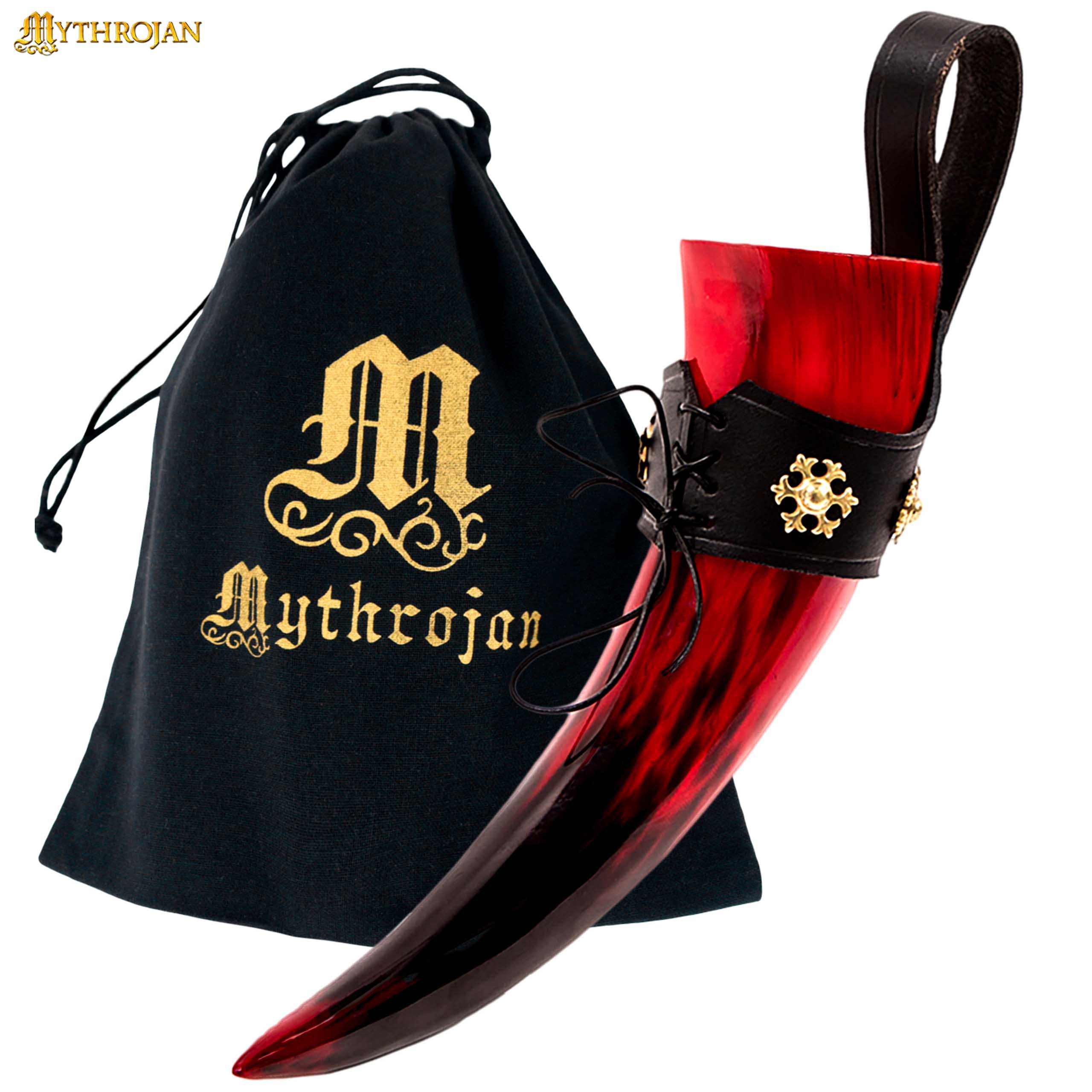 Taza Medieval para Beber Hidromiel 400ml Rojo Vikingo Cuerno de Buey con Soporte de Cuero Negro Pulido - Imagen 4