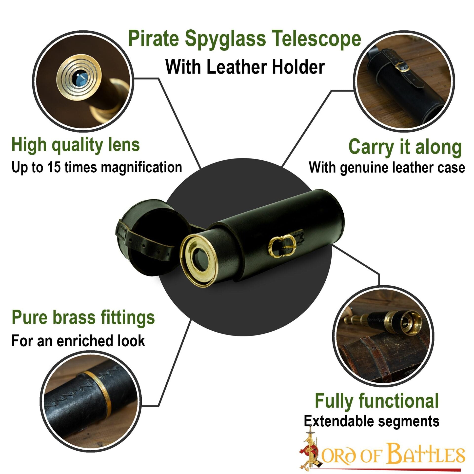 Catalejo Pirata Telescopio de Latón con Estuche de Cuero - Acabado Antiguo Réplica Funcional - Imagen 4