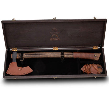 Caja -estuche para Juego de Hacha Barbada Vikinga Othala y cuchillo en caja de madera 