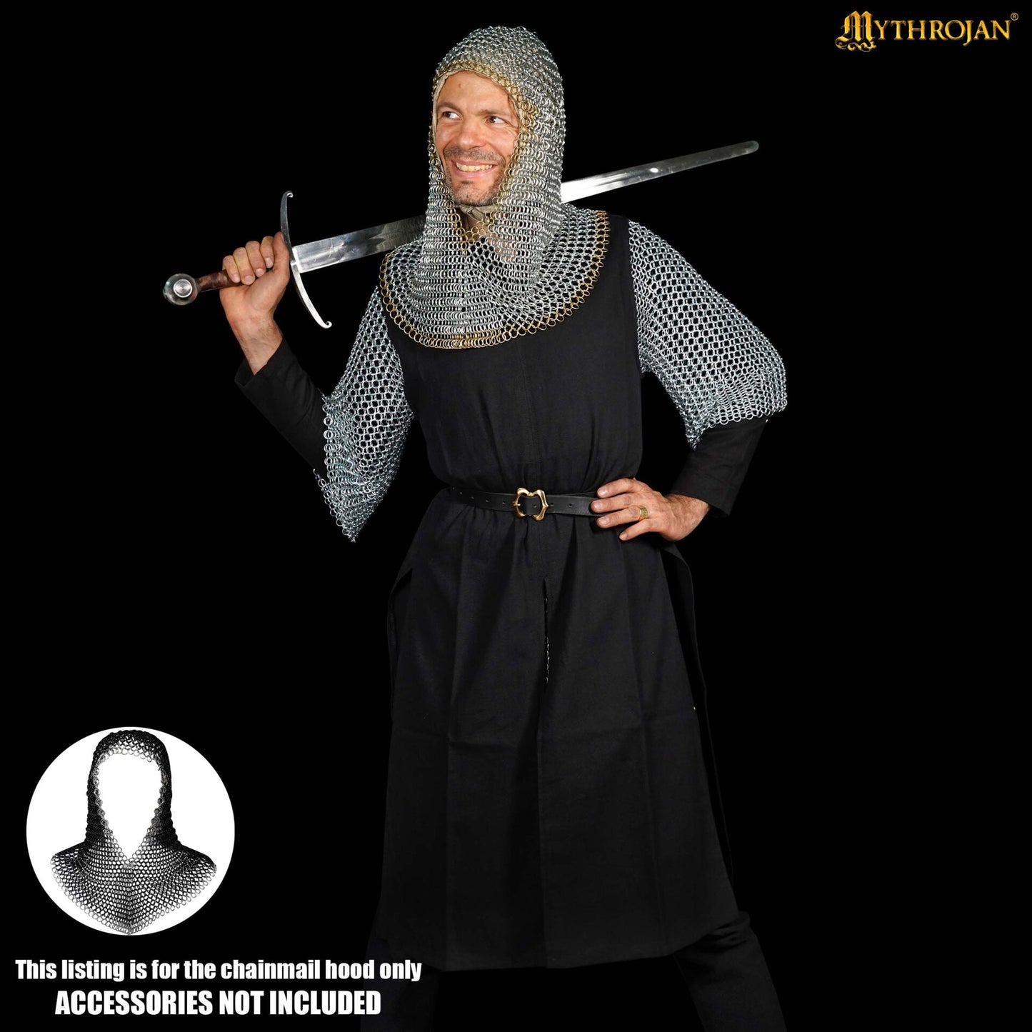 Cofia Medieval de Cota de Malla - Acero Dulce con Remates de Latón Macizo | Capucha Cincada para Sca, Larp - Imagen 2