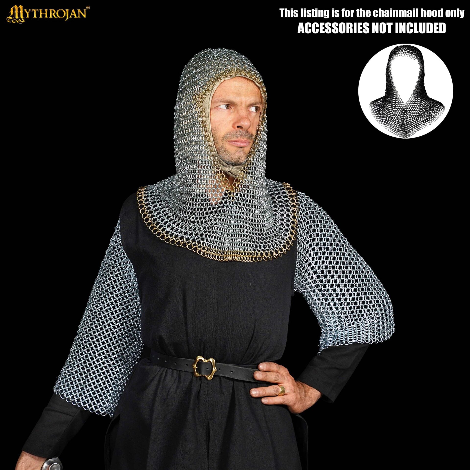 Cofia Medieval de Cota de Malla - Acero Dulce con Remates de Latón Macizo | Capucha Cincada para Sca, Larp - Imagen 5