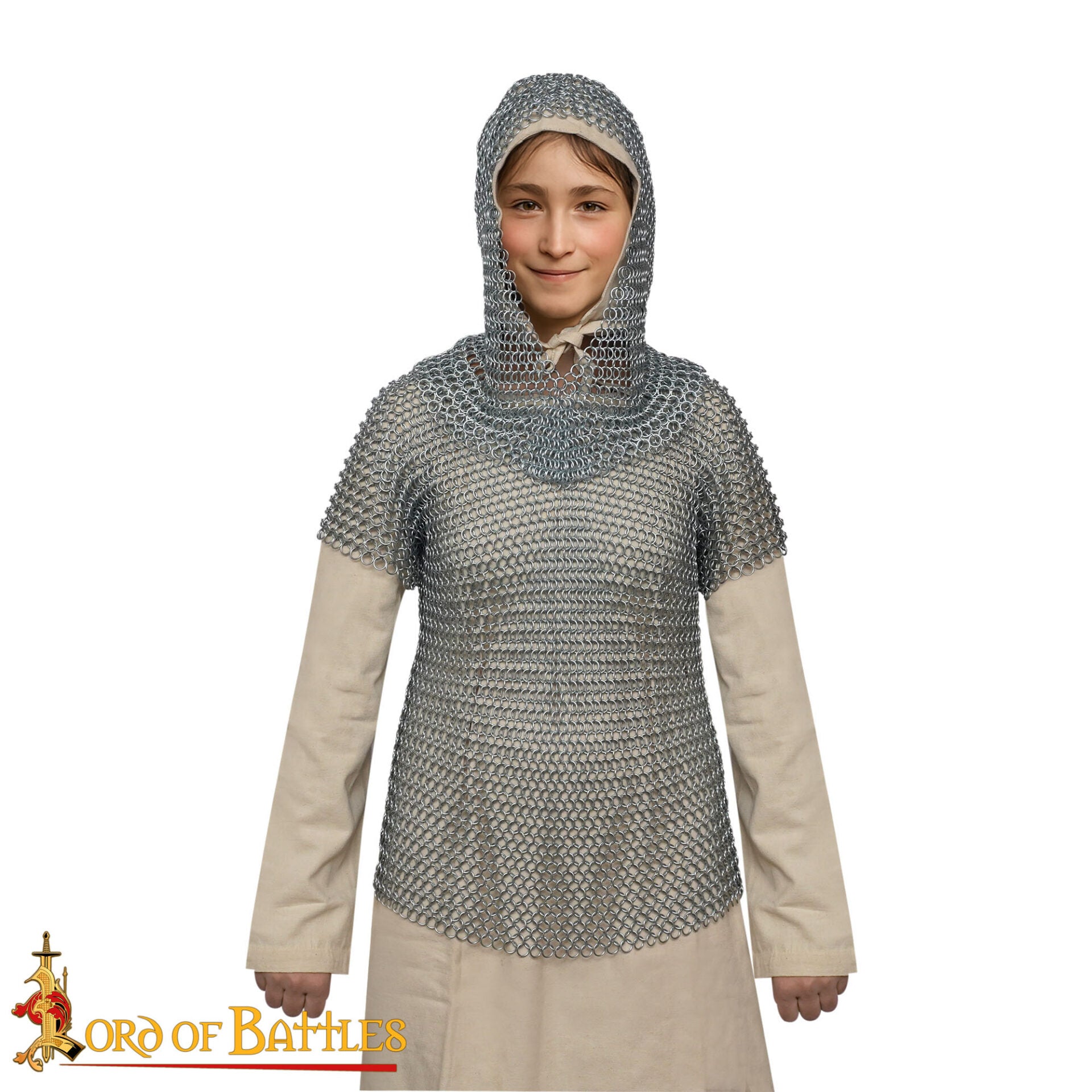 Camisa Medieval de Cota de Malla para Niños con Cofia - Medias Mangas | 10mm Butted Rings, 16 Gauge Mild Steel, Zinc-plated - Imagen 1