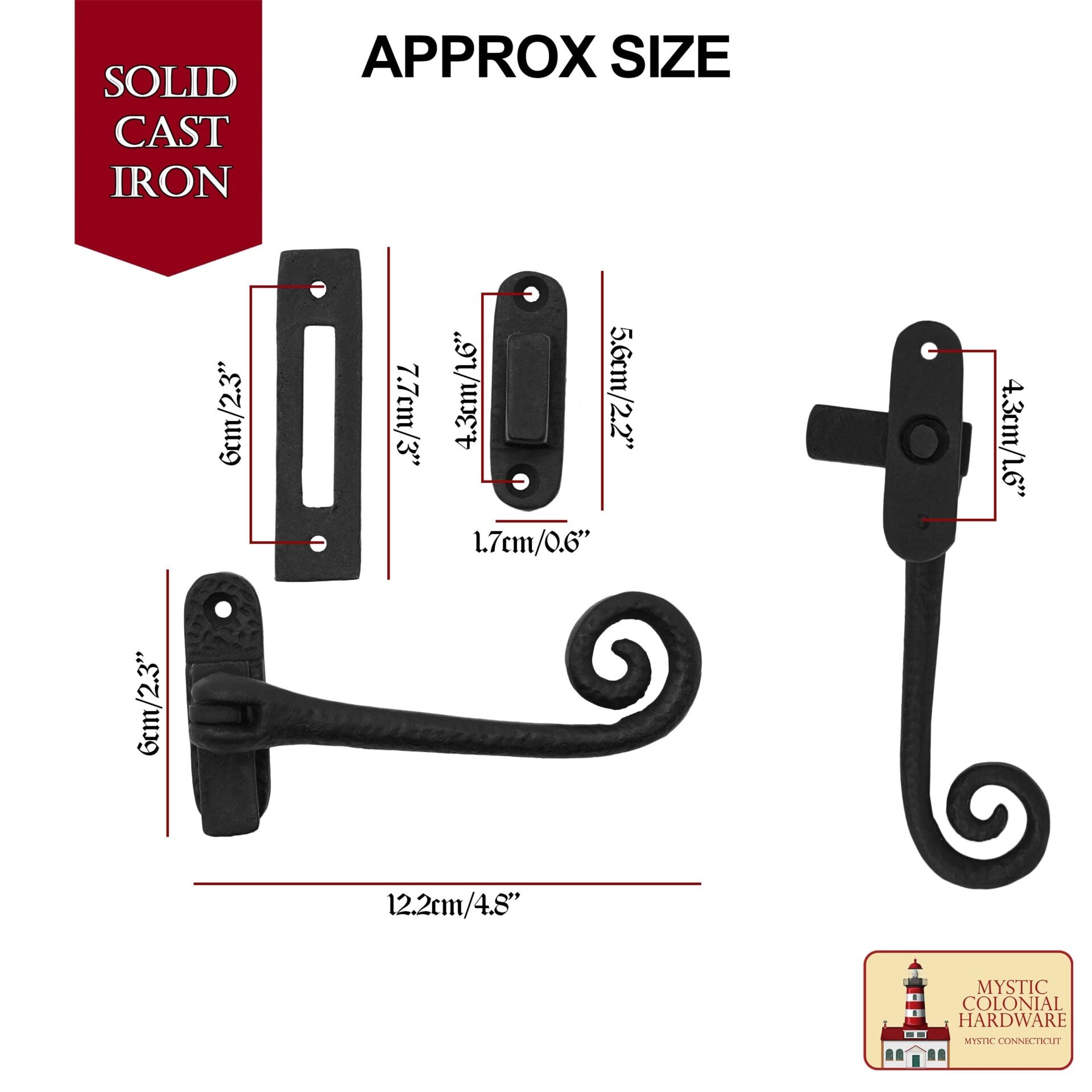 Hierro Fundido Negro Elegante Rizado Reversible Pestillo de la Ventana Abatible, Tamaño: 5.4 "x 2.2" - Imagen 3