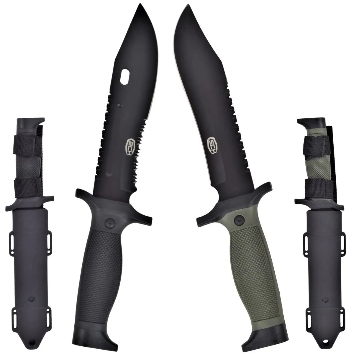 Cuchillo de Caza con Hoja Negra y Mango Engomado – Verde Oliva o Negro