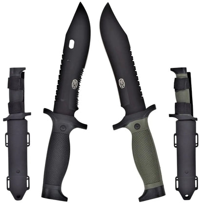 Cuchillo de Caza con Hoja Negra y Mango Engomado – Verde Oliva o Negro