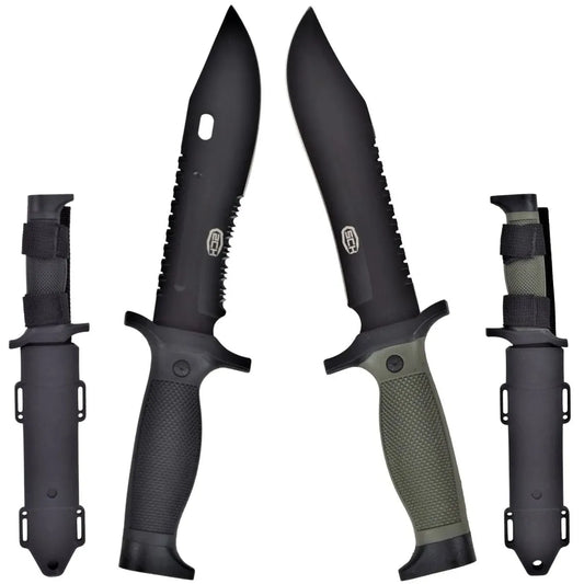 Cuchillo de Caza con Hoja Negra y Mango Engomado – Verde Oliva o Negro