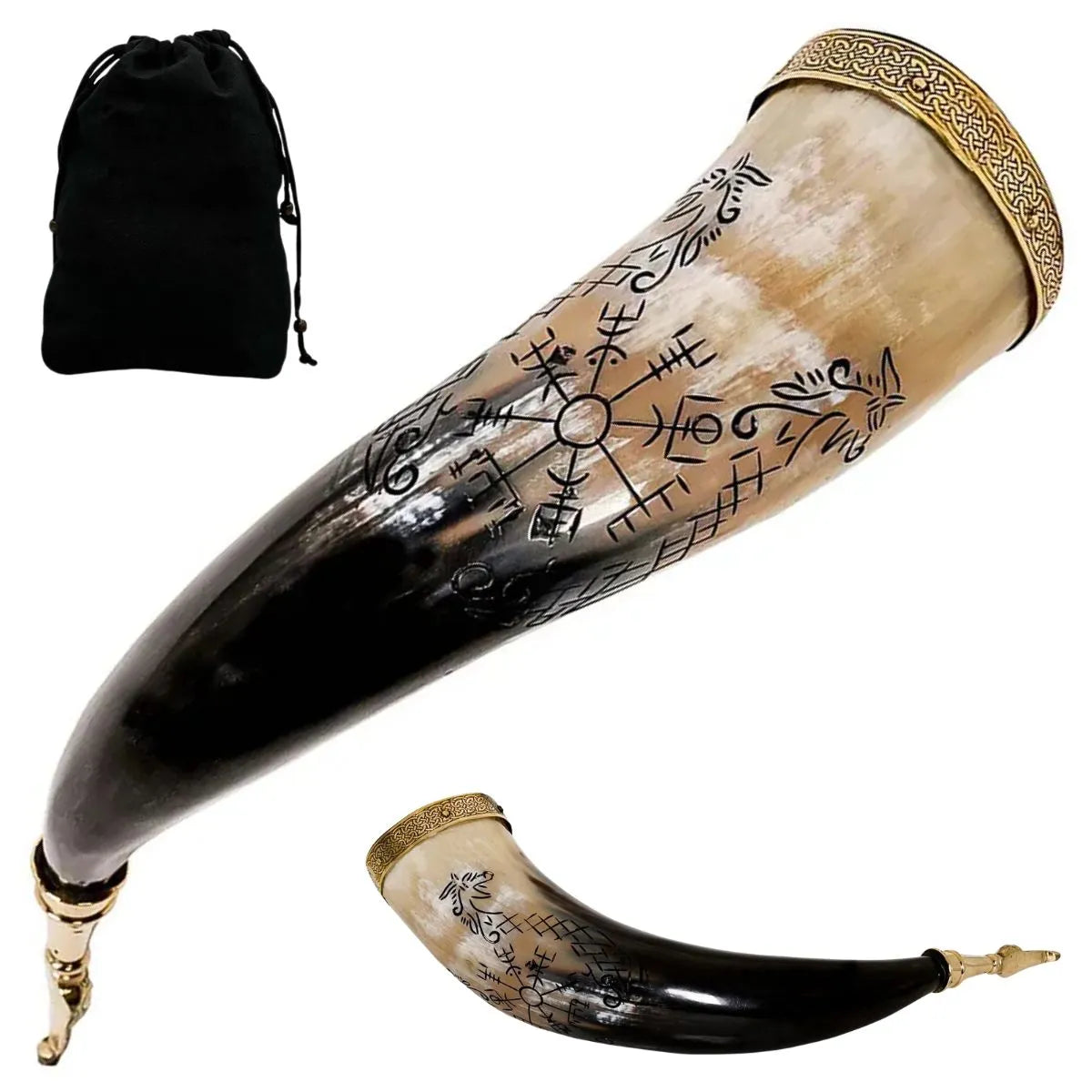 Cuerno Vikingo para Beber con Brújula y Grabado de Jormungandr - Cuerno de Buey Hecho a Mano