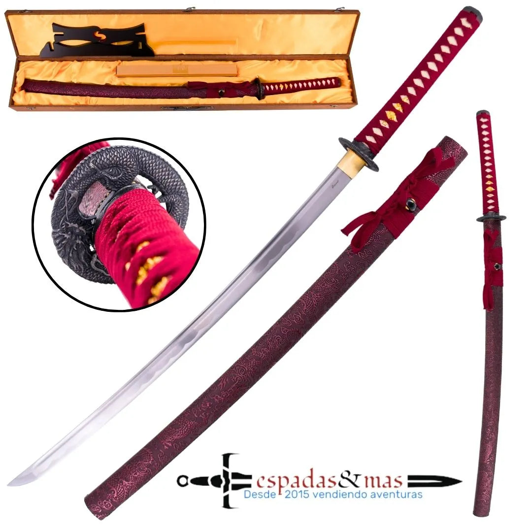 Katana funcional afilada roja con funda para guardar y saya. Vendida por Espadas y más