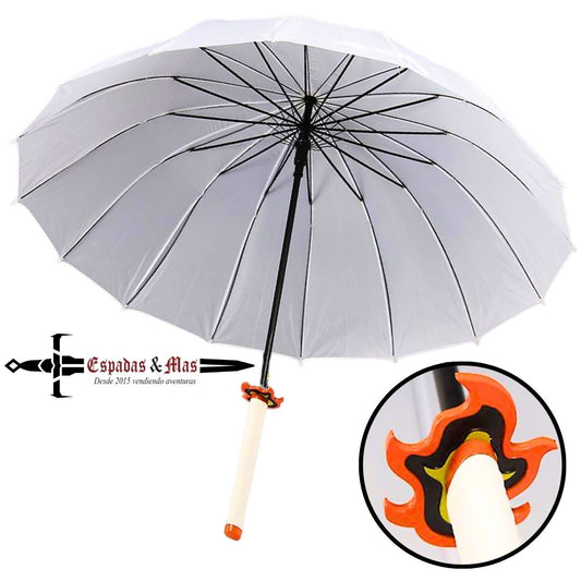 Paraguas abierto de Kimetsu No Yaiba (Demon Slayer) en el que la tsuka es el agarre. Modelo blanco y naranja. Vendido por Espadas Y Más