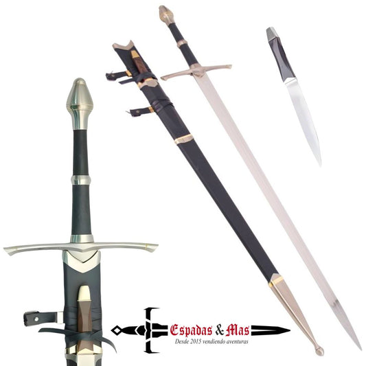 Espada Strider de Aragorn de El Señor de los Anillos con funda que incorpora un pequeño cuchillo. Vendida por Espadas y más