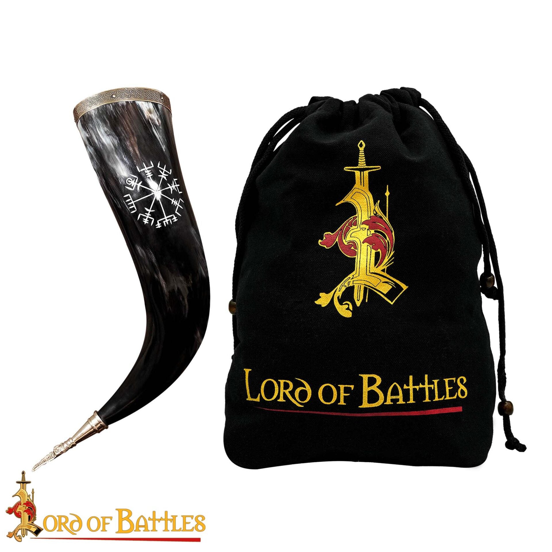 Cuerno Vikingo para Beber con Runa Vegvísir Grabada - Borde y Punta de Latón - Imagen 4