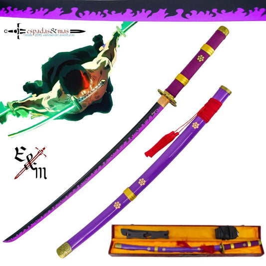 Katana Enma de Zoro de One Piece. Saya morada con sageo rojo y hoja con detalles en el hamon de la katana. Vendida por Espadas y más