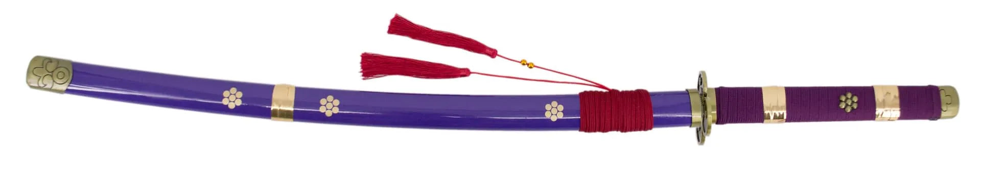 Katana Enma de Zoro de One Piece envainada. Saya morada, sageo rojo. Igual que la del anime One Piece. Vendida por Espadas y más