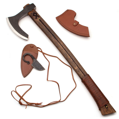 Juego de Hacha Barbada Vikinga Othala y cuchillo en caja de madera 601158