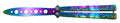 Navaja de abanico, con hoja de acero acabada en rainbow brillante con agujeros y mango de acero en acabado rainbow brillante.