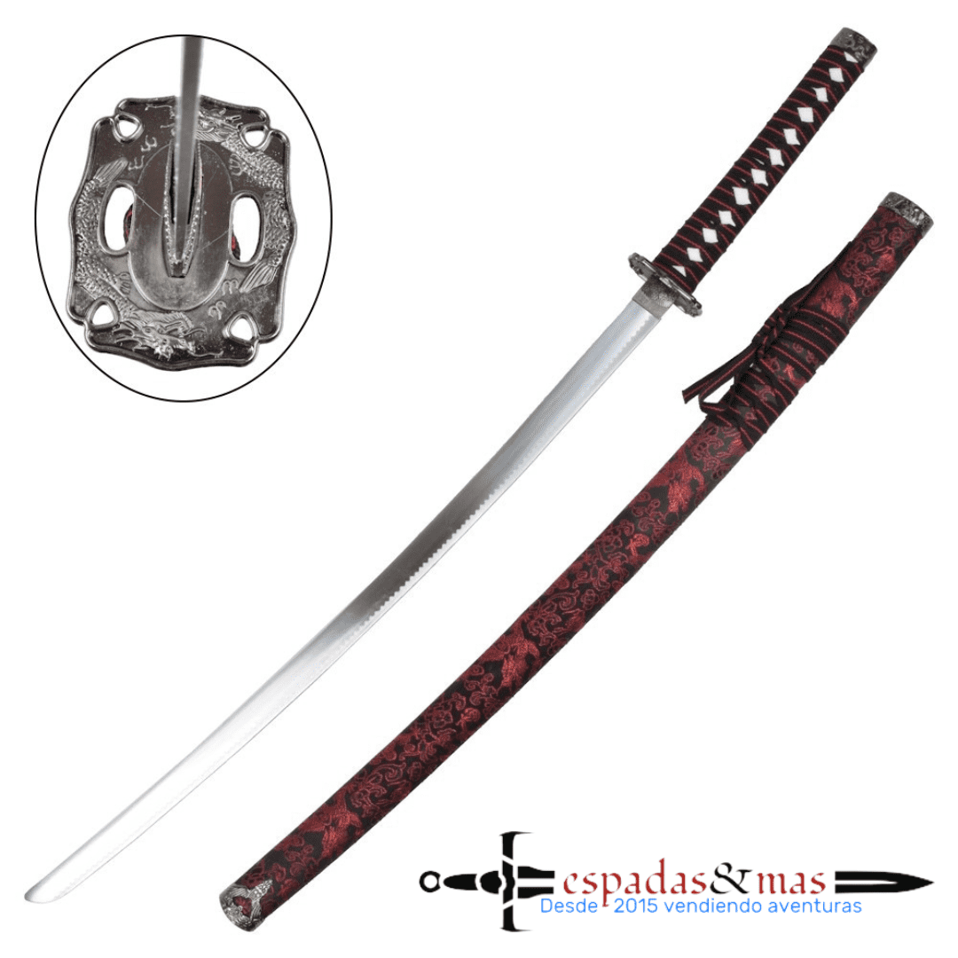 Katana ornamental decorativa con saya de madera envuelta en seda y tsuba metálica. Vendida por Espadas y más