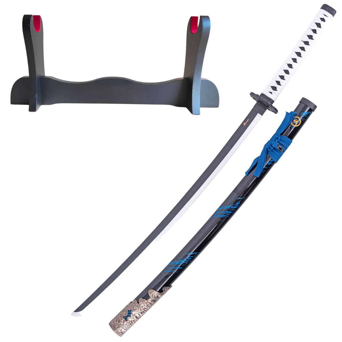 Katana Decorativa Ghost of Tsushima con Hoja Negra Dentada y Tsuba de Dragón, soporte básico