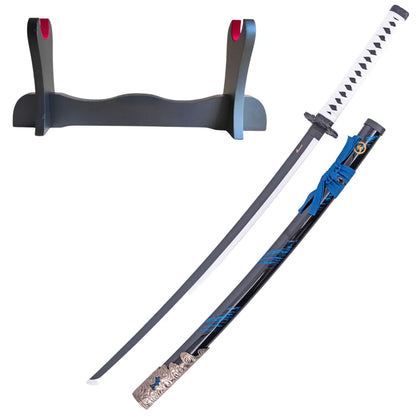 Katana Decorativa Ghost of Tsushima con Hoja Negra Dentada y Tsuba de Dragón, soporte básico
