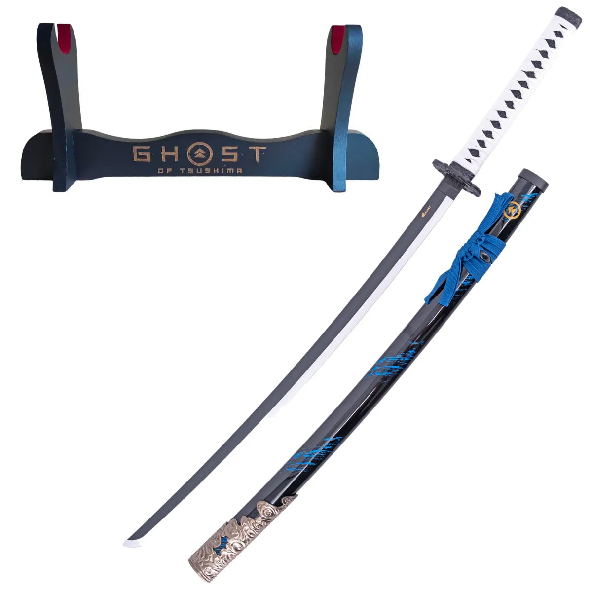 Katana Decorativa Ghost of Tsushima con Hoja Negra Dentada y Tsuba de Dragón, soporte personalizado