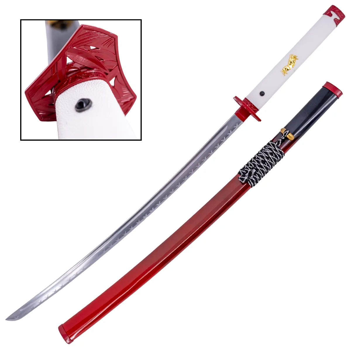 Katana Decorativa Ghost of Yotei con Hoja Satinada y Mango Rojo y Blanco