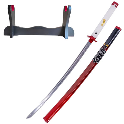 Katana Decorativa Ghost of Yotei con Hoja Satinada y Mango Rojo y Blanco, soporte básico