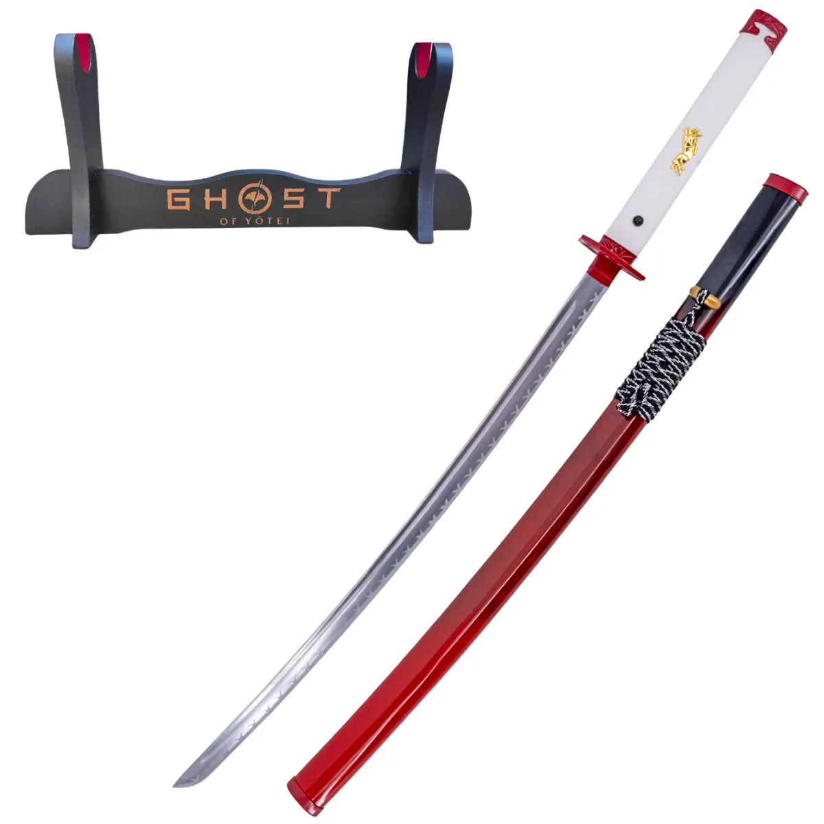 Katana Decorativa Ghost of Yotei con Hoja Satinada y Mango Rojo y Blanco - soporte personalizado