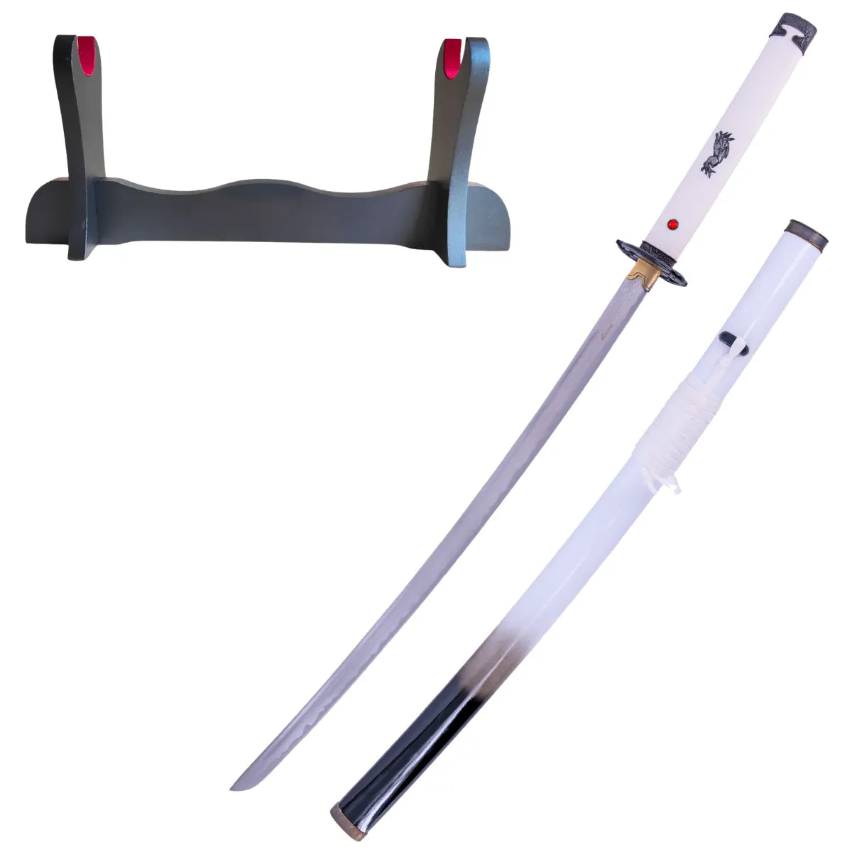 Katana Decorativa de Acero Ghost of Yotei con Mango Polipiel Blanco - soporte básico