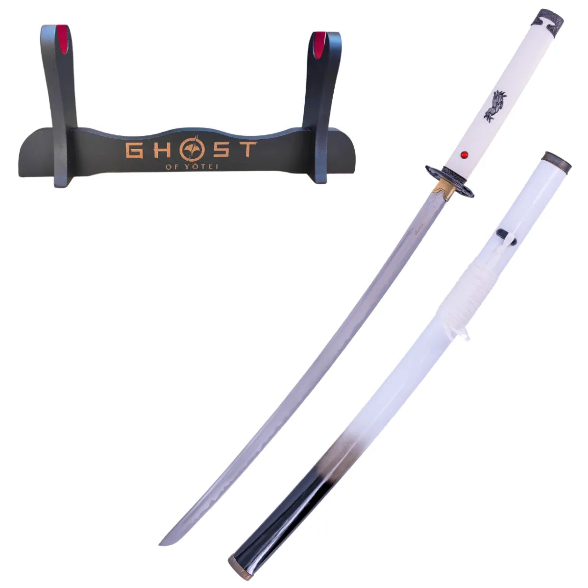 Katana Decorativa de Acero Ghost of Yotei con Mango Polipiel Blanco - soporte personalizado