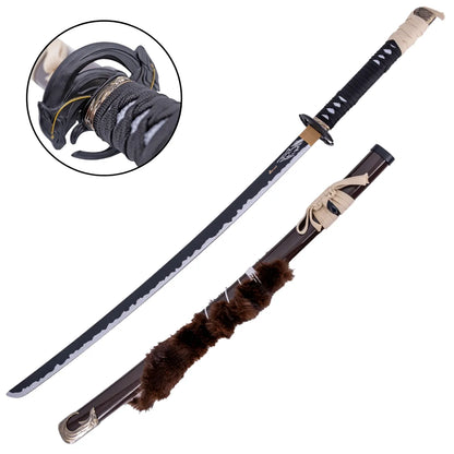 Katana Decorativa de Bambú de Ghost of Yotei con Tsuba de Lobo