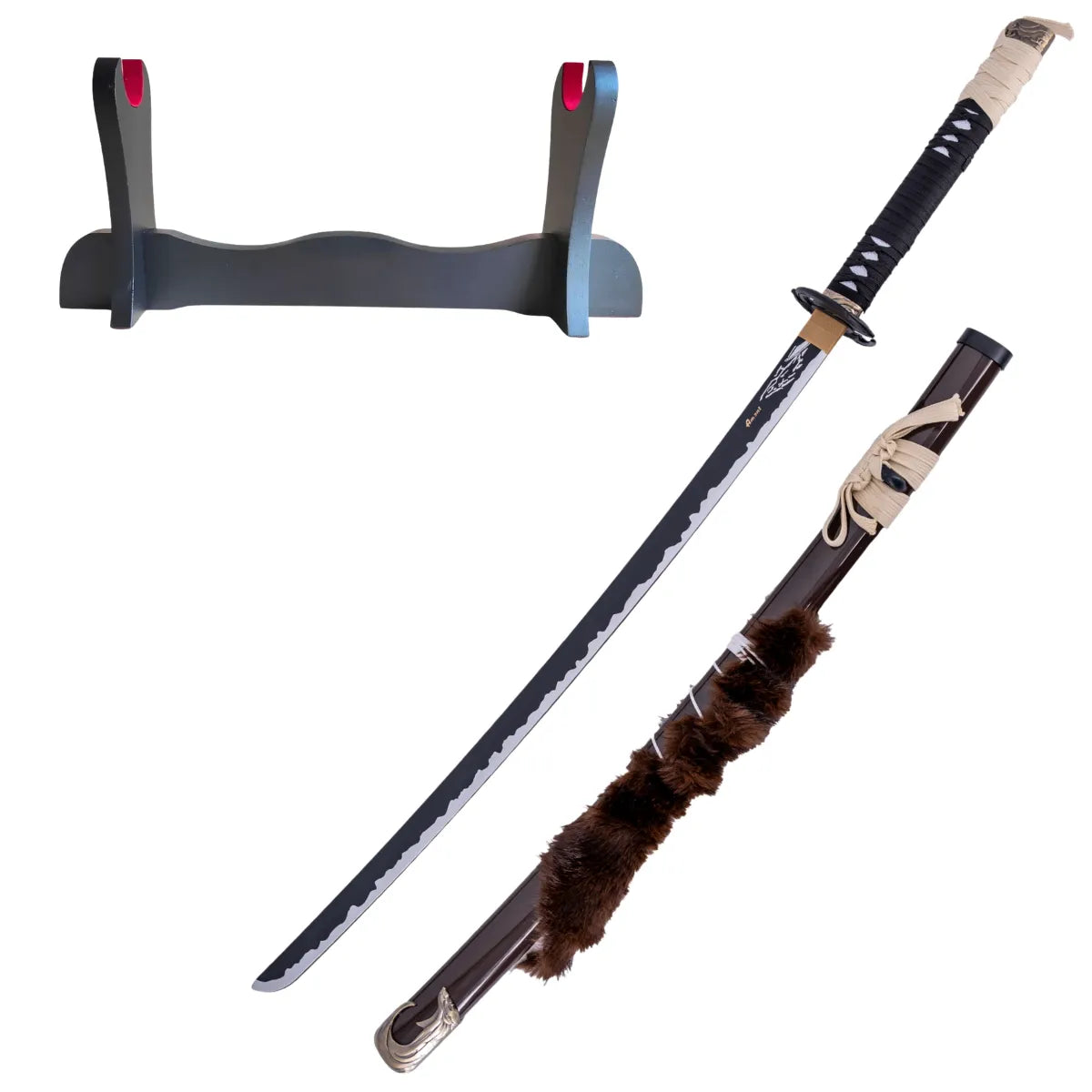 Katana Decorativa de Bambú de Ghost of Yotei con Tsuba de Lobo, soporte básico