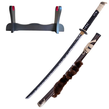 Katana Decorativa de Bambú de Ghost of Yotei con Tsuba de Lobo, soporte básico