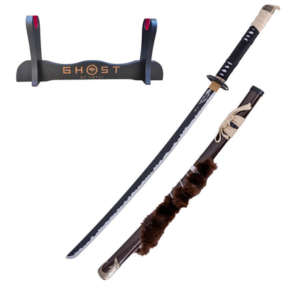 Katana Decorativa de Bambú de Ghost of Yotei con Tsuba de Lobo, soporte personalizado