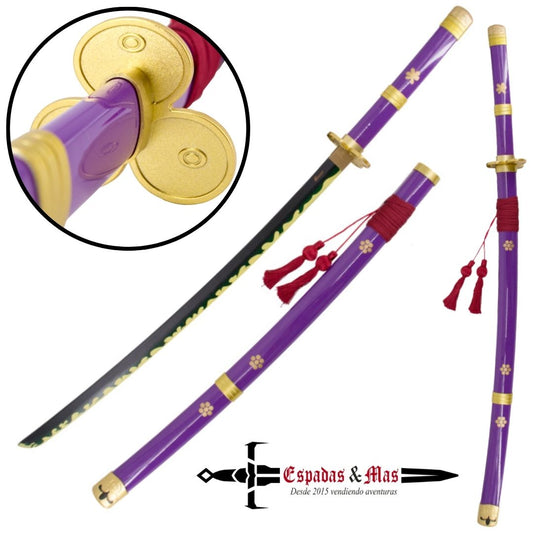 Katana Enma morada de Zoro de One Piece. La katana es de hoja de bambú, el sageo es rojo y la tsuba es dorada. Vendida por Espadas Y Más
