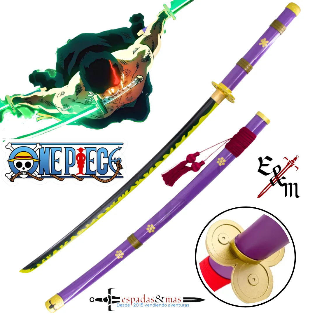 Katana Enma de Zoro de One Piece en versión decorativa. Saya morada con sageo rojo y hoja con detalles. Vendida por Espadas y más