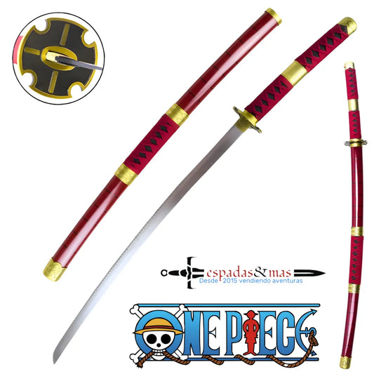 Katana Sandai Kitetsu de One Piece roja con detalles en dorado en la tsuba, la tsuka y la saya. Vendida por Espadas y más