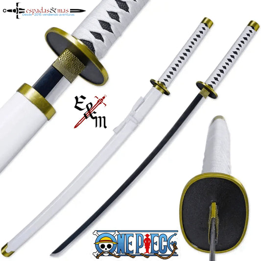 Katana Wado Ichimonji de Zoro de One Piece decorativa de gama alta. La Tsuba es blanca, así como la saya. Vendida por Espada Y Más