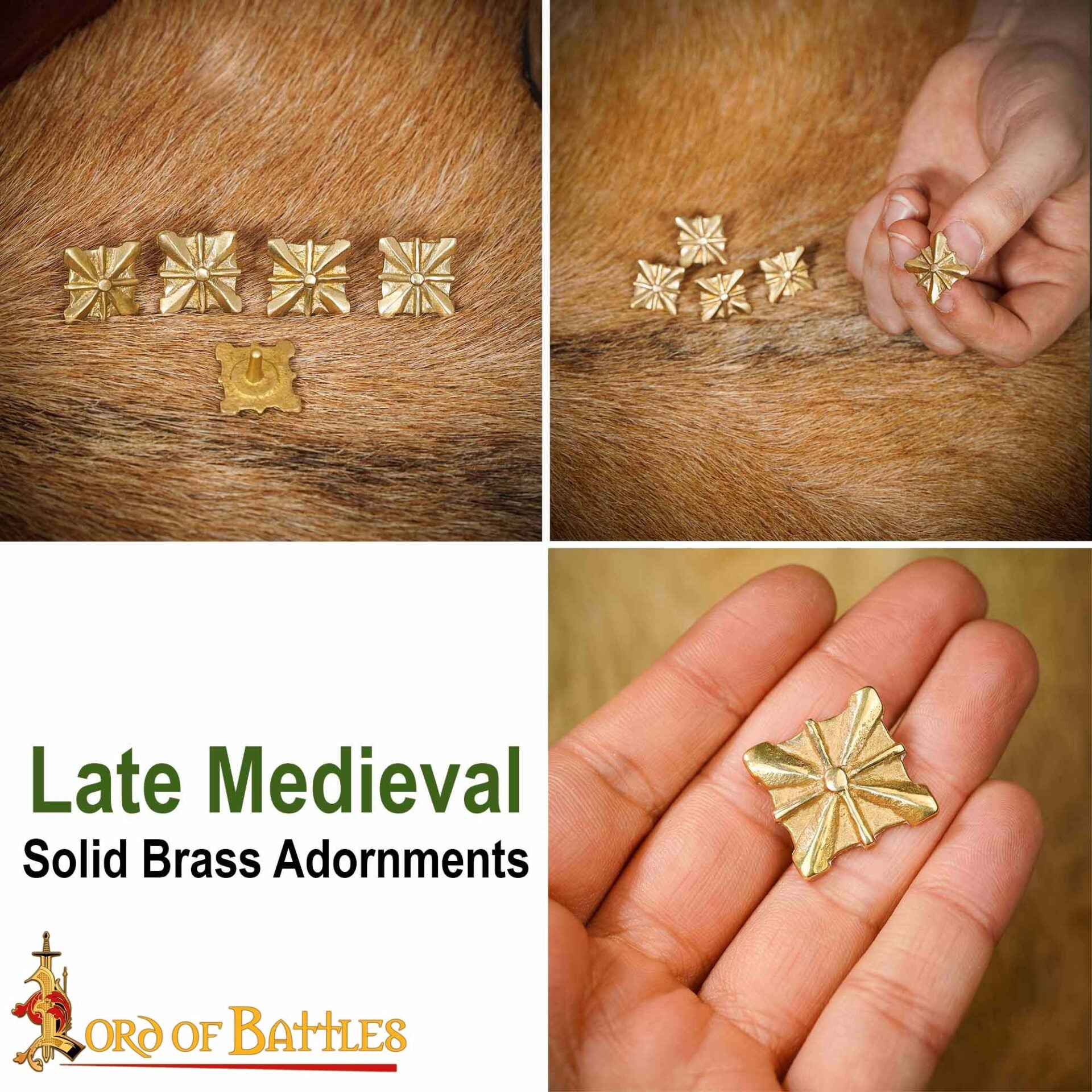 Monturas Medievales de Latón Macizo Puro, Herrajes Decorativos para Uso en Cuero| Juego de 5, 2cm - Imagen 9