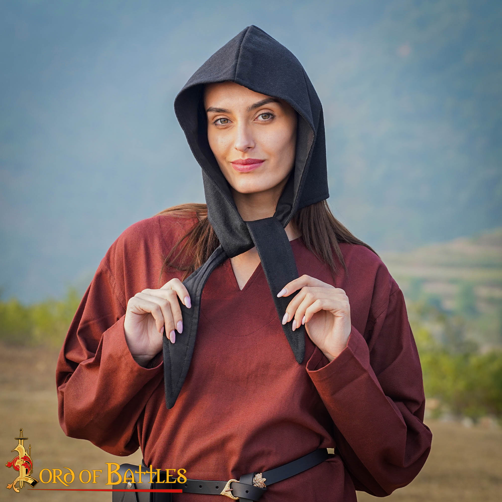 Capucha Medieval de Lana con Cordones para Atar - Gorro con Forro Cálido - Imagen 2